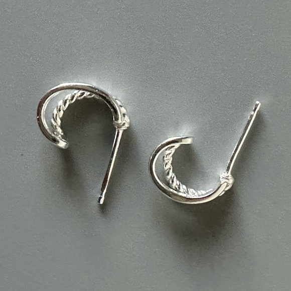 Sterling Silver Double Hoop Smooth and Twist Tiny Huggy Earrings - Picture 3 of 13
